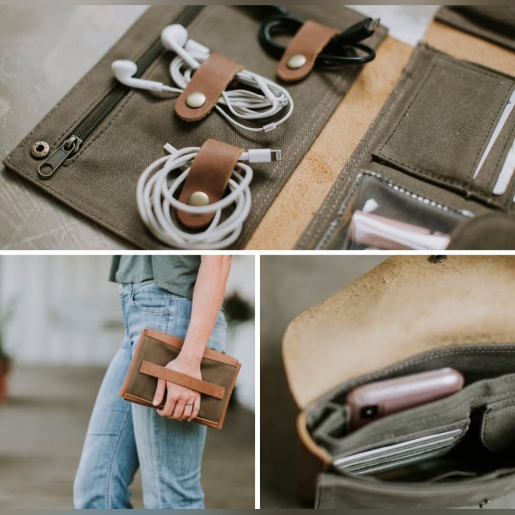 New Kelly Moore Gadget Clutch Tech Organizer Wallet Canvas Leather Hand Strap